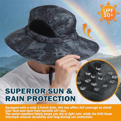 Wide Brim Sun Bucket Hat, Waterproof Boonie Hat for Men & Women - color: 05 Grey (Camo)