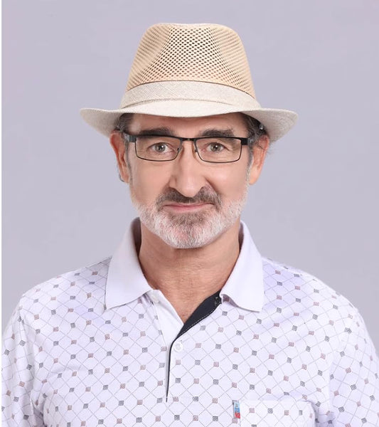 Men Straw Fedoras Summer Trilby Hat Vintage Mesh Panama Sun Hat Short Brim Beach Travel Hat British Jazz Hat Outdoor Bucket - color: Half Beige