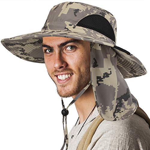 SUN CUBE Wide Brim Sun Hat for Men & Women, UPF 50+ UV Protection, Mesh Boonie Hat with Chin Strap, Fishing Hiking Hat - color: Camo Grey With Flap