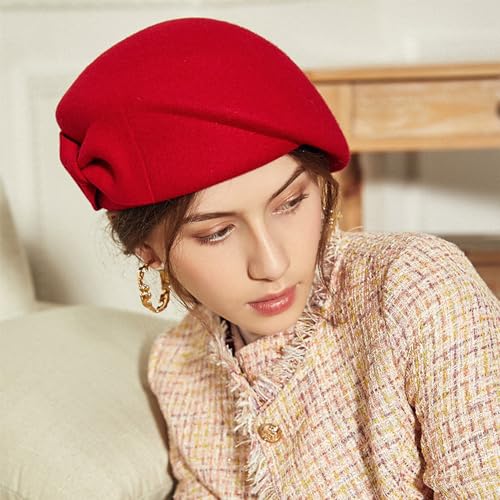 Wedding Hats for Women Vintage Wool Felt Berets Ladies Pearl Fascinator Autumn Winter Cap Bow Church Fedoras - color: Red 2