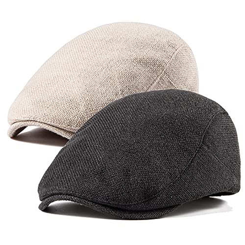 LADYBRO 2-Pack Unisex Flat Cap Newsboy Hats for Men Women Casual Adjustable - color: Black+ Beige