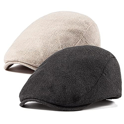 LADYBRO 2-Pack Unisex Flat Cap Newsboy Hats for Men Women Casual Adjustable - color: Black+ Beige