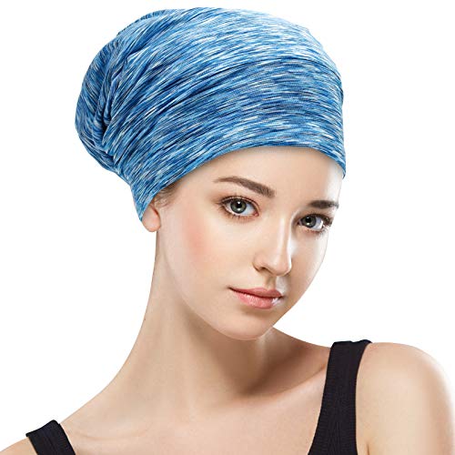 Silk Satin Lined Bonnet Sleep Cap - Adjustable Stay on All Night Hair Wrap Cover Slouchy Beanie for Curly Hair Protection for Women and Men - Heather SkyBlue - color: Heather Skyblue, size: One Size