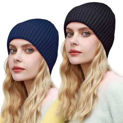ROYBENS Womens Satin Lined Beanie for Men Wool Knit Cuffed Warm Winter Hats - color: 2pcs (Navy Blue+black)