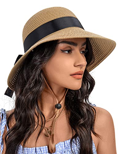 Sun Straw Hat for Women with Wind Lanyard Wide Brim Foldable Beach Summer Hats Womens UV 50+ Protection Bowknot Cap - color: Khaki