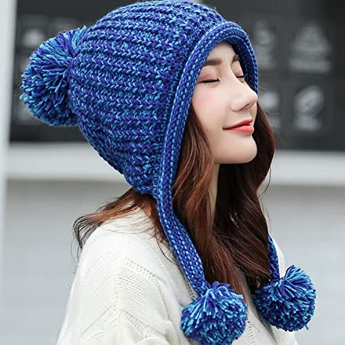 HUAMULAN Women Winter Sherpa Knit Beanie Hat Fleece Lined Ear Flaps - color: Blue