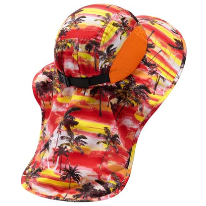 BASSDASH UPF 50+ Unisex Water Resistant Wide Brim Sun Hat with Large Neck Flap Ponytail Fishing Hat for Men Women - color: Sunset Palm Trees/Orange