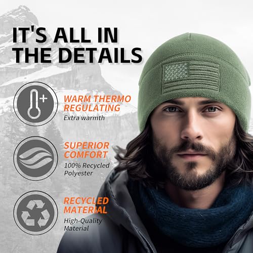 OUTDOOR SHAPING American Flag Fleece Beanie with Embroidered Patch Hat - color: Forest Green