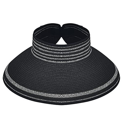 Women Sun Visors Foldable Straw Hats Summer Beach Packable Hat Floppy Wide Brim Cap Deep Style, Adjustable Size - color: Black 2