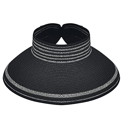 Women Sun Visors Foldable Straw Hats Summer Beach Packable Hat Floppy Wide Brim Cap Deep Style, Adjustable Size - color: Black 2