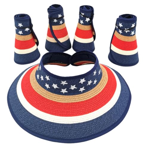 Women Sun Visors Wide Brim Foldable Packable Ponytail Beach Hat Straw Leopard Roll Up Bow Visor Sun Hats - color: Flag
