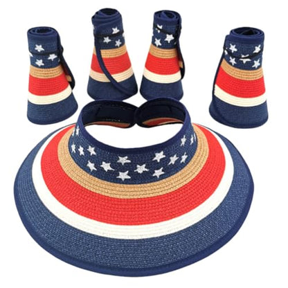 Women Sun Visors Wide Brim Foldable Packable Ponytail Beach Hat Straw Leopard Roll Up Bow Visor Sun Hats - color: Flag