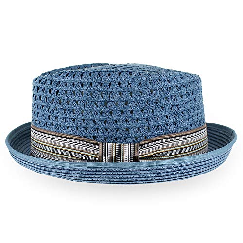 Belfry Men Women Summer Straw Porkpie Vented Trilby Fedora Hat in Blue Tan Black Brown Burgundy - color: Slate, size: XX-Large