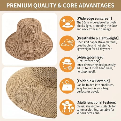 Womens Sun Hat Straw Hat Wide Brim Foldable Roll-Up Beachwear Sun Hat Summer Beach Hat (Khaki)