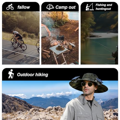 Fishing Hats with Sunglasses, Wide Brim Sun Hat with 2 Solar Fan, USB & Solar Powered Fishing Hats, Solar Fan Hats UPF 50+ - color: Camouflage Green