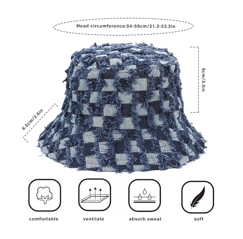 Women's Washed Cotton Bucket Hat Cowboy Checkerboard Fishermen Hat - color: Dark Blue