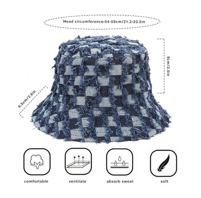 Women's Washed Cotton Bucket Hat Cowboy Checkerboard Fishermen Hat - color: Dark Blue