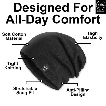 BISMAADH Unisex Soft Cotton Fashion Slouchy Beanie Headwear Skull Hair Cover Sleep Cap Hat for Frizzy Natural Curly Hair - color: Black