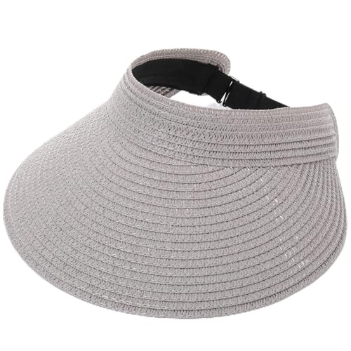 Chicingyou Sun Visor Hat for Women Wide Brim Straw Visors Beach Hat Ponytail UV UPF Packable Foldable Travel - color: Grey