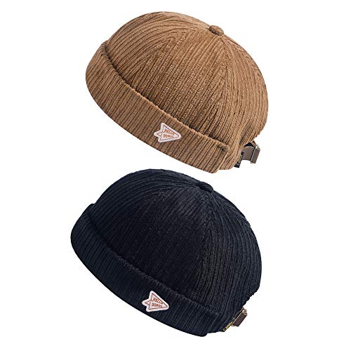 jerague Beanie Hat for Men Women Brimless Cuffed Hat Skullcap Watch Cap Adjustable - color: A2-black/Khaki(2 Pack)