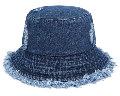 Denim Bucket Hat for Women Ripped Sun Hat Outdoor Cap - color: Dark Blue