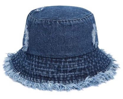 Denim Bucket Hat for Women Ripped Sun Hat Outdoor Cap - color: Dark Blue