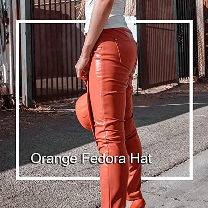 Women Men Wide Brim Fedoran Hat with Chain Belt Buckle - color: Orange