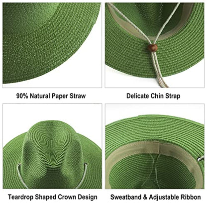Women Straw Fedora Hat Summer Panama Beach Sun Hats UV UPF50+ Cap - color: Green