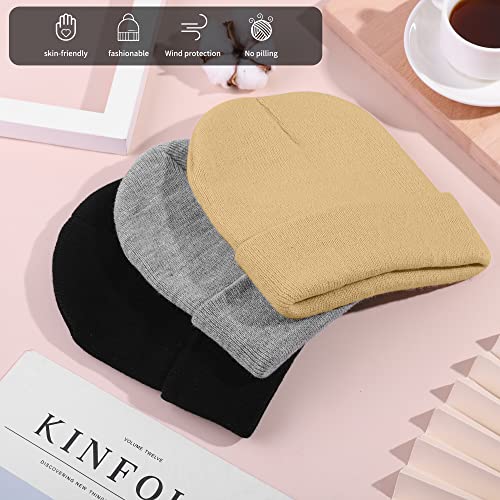Cooraby 3 Pack Unisex Winter Skull Cap Beanies Knitted Cuff Hats Caps Roll-up Edge Beanie Hats for Men Women Outdoors - color: Black, Light Grey, Light Beige