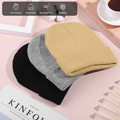 Cooraby 3 Pack Unisex Winter Skull Cap Beanies Knitted Cuff Hats Caps Roll-up Edge Beanie Hats for Men Women Outdoors - color: Black, Light Grey, Light Beige
