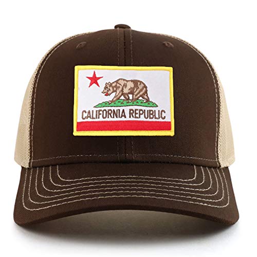 Armycrew California State Flag Patch 6 Panel Two Tone Mesh Back Trucker Cap - color: Brown Khaki