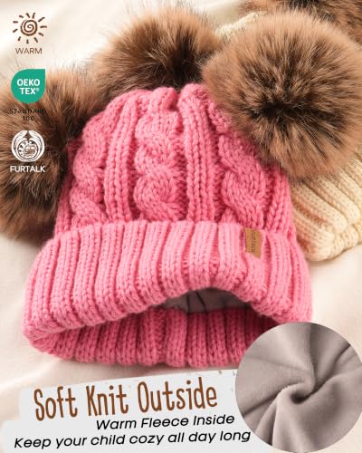 FURTALK Toddler Winter Hat Knit Beanie Double Faux Fur Pompoms Girls Boys - color: Deep Pink, size: 6-24 Months