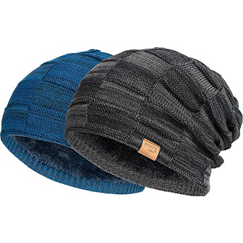 Vgogfly Slouchy Beanie for Men Winter Hats for Guys Cool Beanies Mens Lined Knit Warm Thick Skully Stocking Binie Hat Pairs - color: Black / Blue