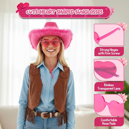 4E's Novelty Cowboy Hat with feathers With Heart Shaped Sunglasses for Women, Felt Cowgirl Hat for Party Costume Dress Up - color: Hot Pink