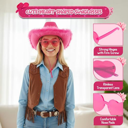 4E's Novelty Cowboy Hat with feathers With Heart Shaped Sunglasses for Women, Felt Cowgirl Hat for Party Costume Dress Up - color: Hot Pink