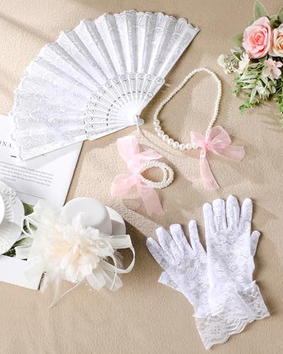 Zinniday Girls Tea Party Hats Set - 5 Pcs Mini Top Hat with Pearl Necklace Bracelet Hand Fan and Lace Gloves for Party - color: White
