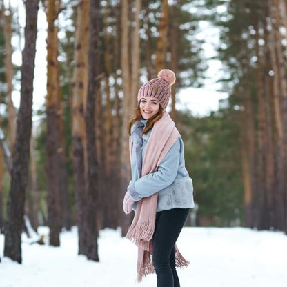 PAGE ONE Womens Winter Ribbed Beanie Crossed Cap Chunky Cable Knit Pompom Soft Warm Hat - color: Khaki