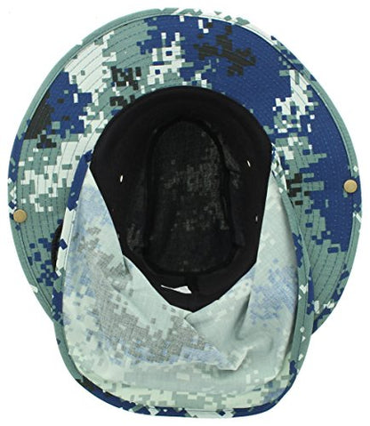 Wide Brim Outdoor Safari Summer Sun Hat with Neck Flap - color: Blue Digital Camo, size: Medium