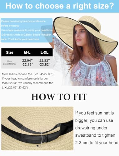 Floppy Sun Hats for Women, Summer Wide Brim Straw Beach Hat - color: Beige Black, size: X-Large