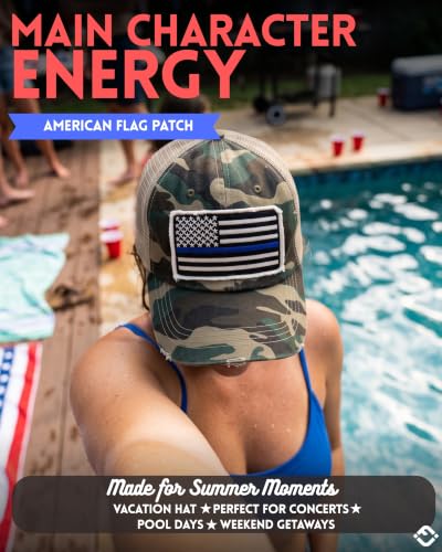 Funky Junque Distressed Baseball Cap, Vintage Embroidered Dad Hat - color: American Flag W/Blue Line - Green Camo