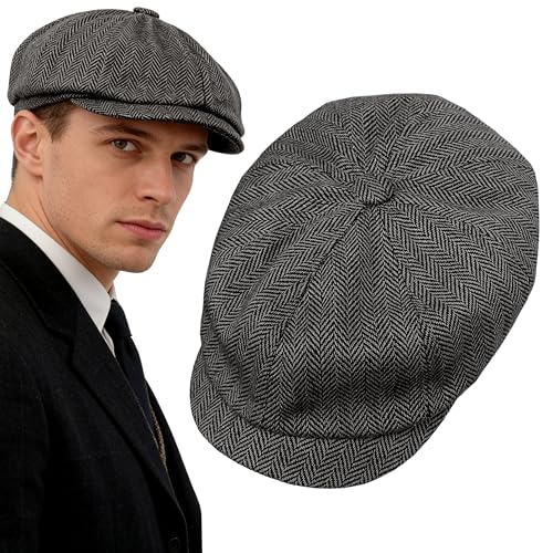 Adult 1920s Newsboy Cap for Men British Gangster Style Costume Baker Wool 8-piece Cap Halloween - color: Grey Herringbone, size: L (23.6")