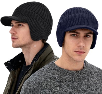 2Pack Men&Women Winter Warm Fleece-Lined Knit Beanie Hats with Brim & Ear Flaps for Cold Weather - color: Black+navy Blue