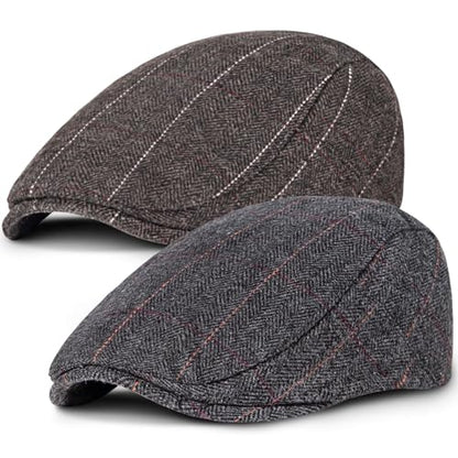 Senker Fashion 2 Pack Newsboy Cap for Men, Wool Blend Tweed Flat Cap - color: Black Brown