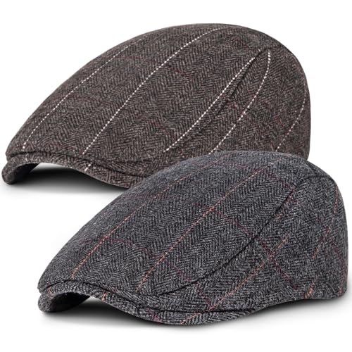 Senker Fashion 2 Pack Newsboy Cap for Men, Wool Blend Tweed Flat Cap - color: Black Brown