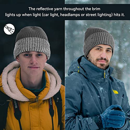 Achiou Reflective Beanie for Men Women, Fleece Lined Winter Cuffed Hat - color: Grey