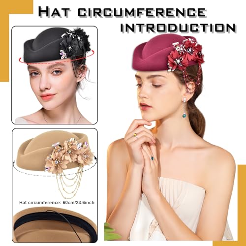 Women's Retro Stewardess Felt Hat, British Berets, Rhinestone Flower Decor, Ladies' Church Derby Hat - color: Tassel Style-khaki