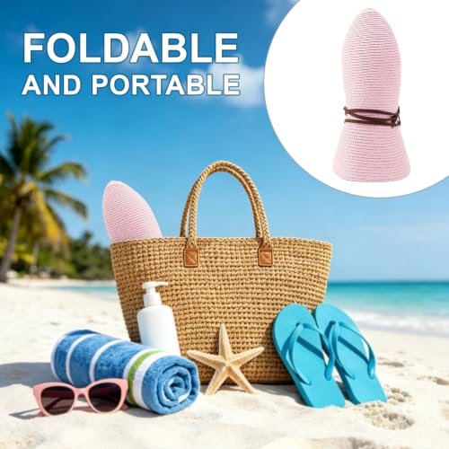 DRESHOW Womens Summer Straw Sun Hat Wide Brim Bucket Hats Fedora Hat Panama Beach Hat with Chin Strap UPF 50+ - color: Straw Hat With Wind Lanyard: Blush Pink