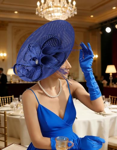 Unpifolov Fascinators Hats Elegant Women Flower Mesh Feathers Wedding Cocktail Bride Headband for Derby Hat Tea Party - color: Royal Blue