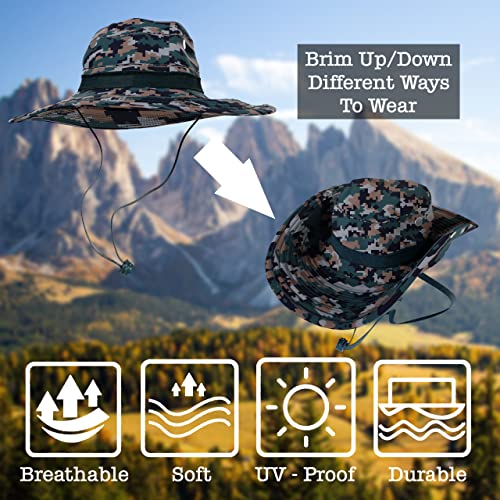 BaHoki Essentials Military Style Bucket Hat - Camo Outdoor Hat with Adjustable Strap - Wide Brim Safari Hat - style: Digital Woodland