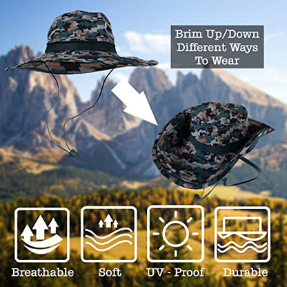 BaHoki Essentials Military Style Bucket Hat - Camo Outdoor Hat with Adjustable Strap - Wide Brim Safari Hat - style: Digital Woodland